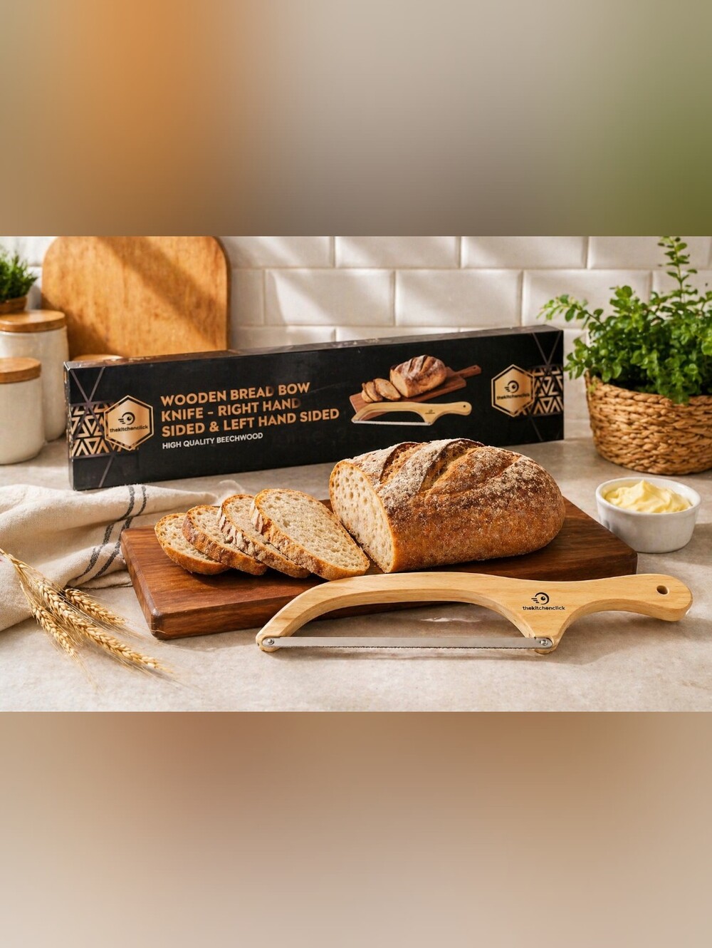 KitchenClick 16” Wooden Bow Bread Knife Beechwood 3 Blades New in Box